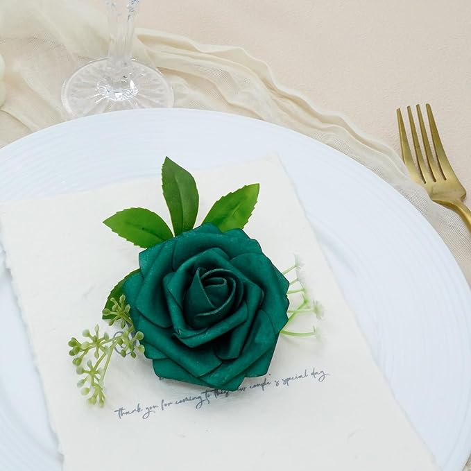Artificial Flowers, 50pcs Hunter Green Artificial Rose for DIY Wedding Bouquets Centerpieces Arrangements, Fake Flower with Stem for Party Home Decrration
