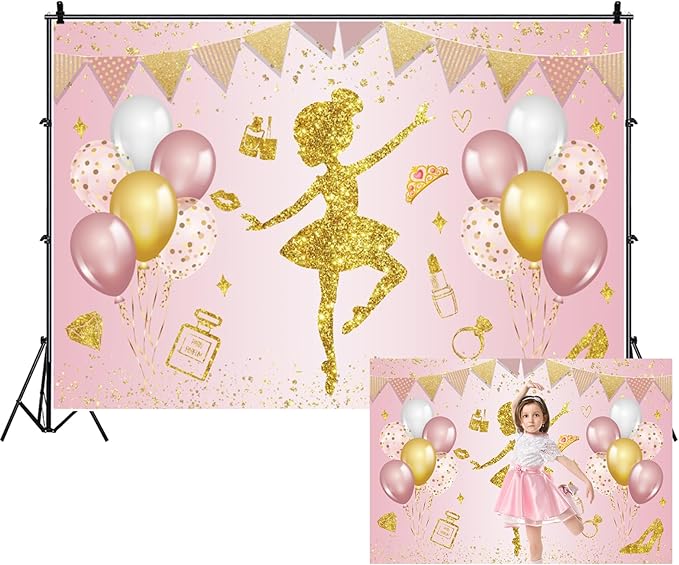 Renaiss 8x6ft Ballerina Princess Backdrop Pink Gold Shiny Elegant Fairy Ballet Dancer Photography Background for Girl Baby Shower Birthday Party Decor Banner Photo Studio Props