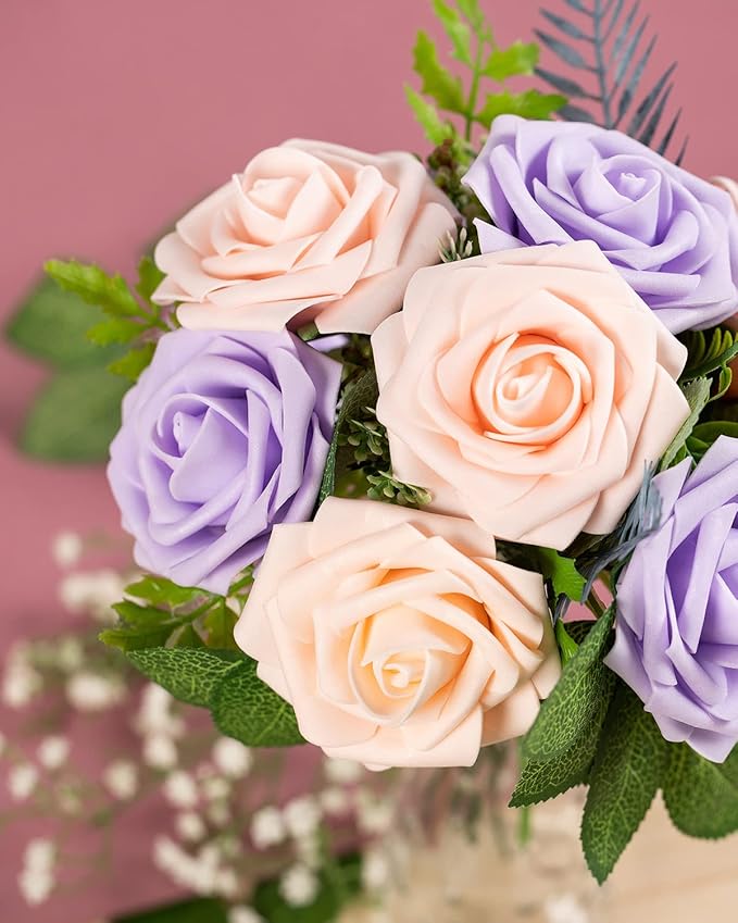 DuHouse 25Pcs Artificial Roses Flowers Fake Roses with Stems Real Touch Foam Flowers for DIY Wedding Bouquet Baby Shower Centerpiece Floral Arrangement Party Home Decor(Lilac)