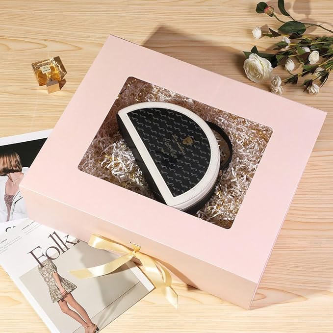 3 Pcs Extra Large Pink Gift Box for Presents with Ribbon 19x16x6 Inches Clear Gift Box with Window Magnetic Closure Gift Boxes with Lids