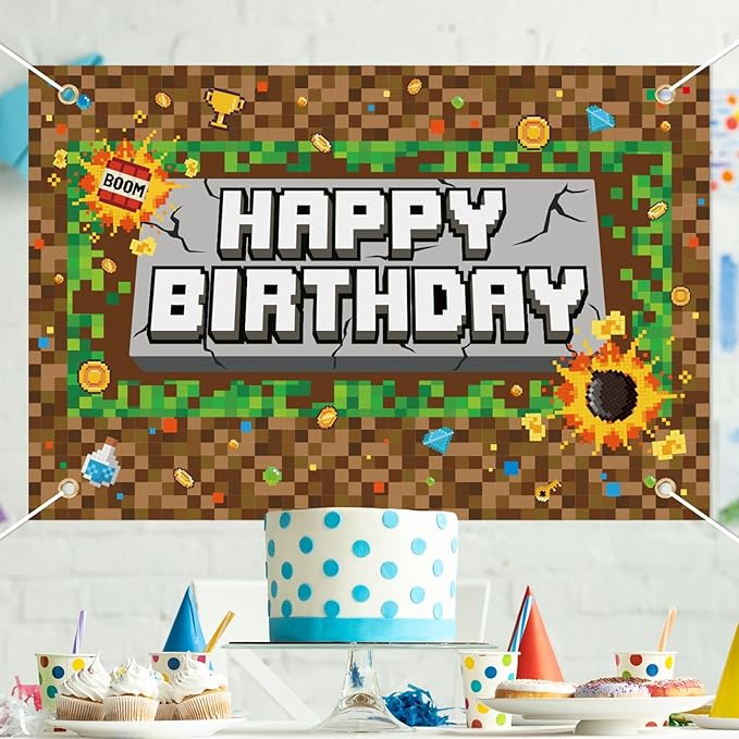 Pixel Birthday Backdrop Banner, 5x3ft/150x100cm Video Game Theme Happy Birthday Backdrop Decoration for Pixel Theme Kids Game Party Decoration Supplies