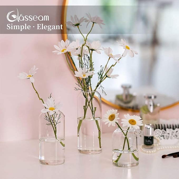 Glasseam Clear Glass Bud Vase, Set of 6 Modern Cylinder for Centerpieces, Blown Craft Aesthetic Decorative Small Flower Vases Bulk for Flowers Rose Tulip Pampas Grass