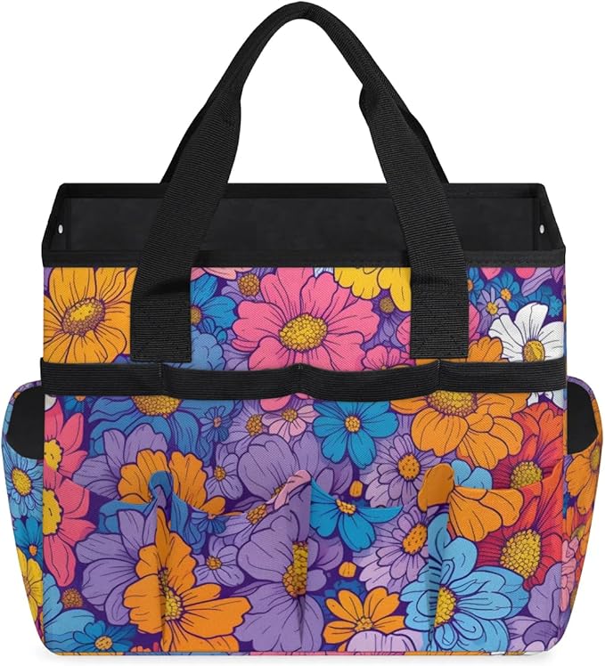 Garden Tool Bag Organizer Garden Tote Bag with Pockets Rainbow Flowers Tool Storage Organizer Gardening Tool Kit Holder 13" x 6.8" x 2.8"