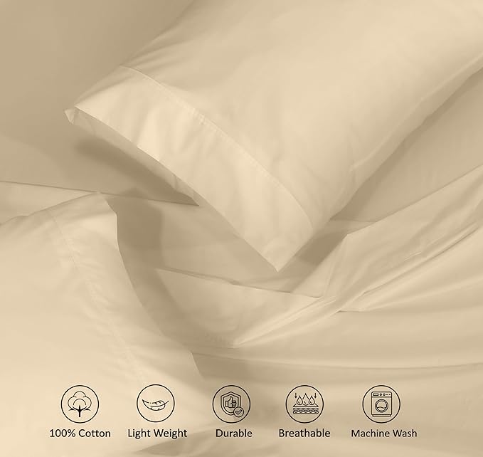 RUVANTI 100% Cotton King Size Sheets Set, 4 Pieces, Soft & Breathable Percale Weave Bedding, Deep Pocket 16", Hotel Standard, Crisp Cool Feel, Durable, Perfect Dyed Bed Sheet, Beige