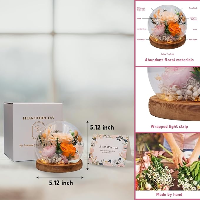 Eternal Flowers: Forever Flower Gifts for Her-Elegant Preserved Flowers in Glass Dome-Romantic Valentines, Anniversary, Mom Gifts for Her-Flowers for Delivery Prime (Champagne)