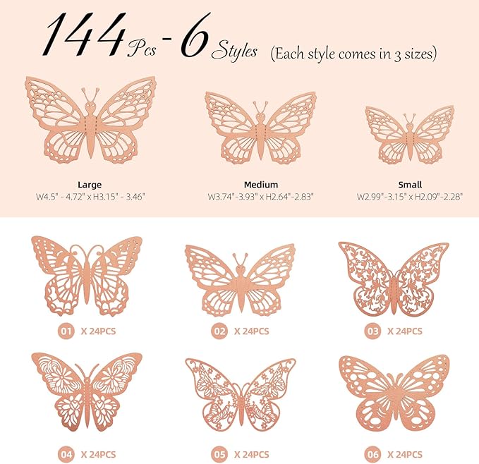 144 Pcs Rose Gold Butterfly Stickers 3D Butterflies Wall Decals Glitter 6 Styles and 3 Sizes Decorative Wall Stickers Butterfly Party Decorations, Butterflies for Cake Decorating