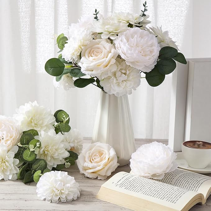 98 Pcs Assorted Faux Flowers Heads with Stem Eucalyptus Leaves Silk Artificial Flowers Bouquet Floral Table Centerpieces for DIY Wedding Party Wreath Home Decoration (White,Classic Style)
