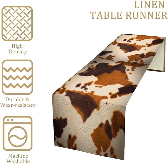 Cow Print Table Runner, Brown Cowhide Print Western Style Table Runner Country Farmhouse Cottage Cow Patten Table Decoration for Home Kitchen Dining, 13x90 Inch