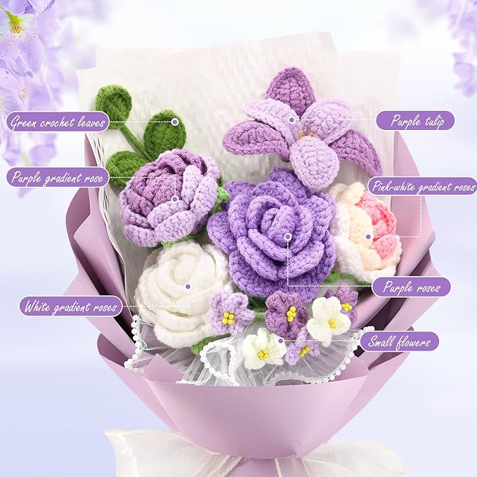Crochet Flowers,Finished Bouquet Crocheted Cotton Thread Flowers, Handmade Crochet Rose Tulip Fern Leaf as a Gift for Lover, Friends. Artificial Flower (Purple)