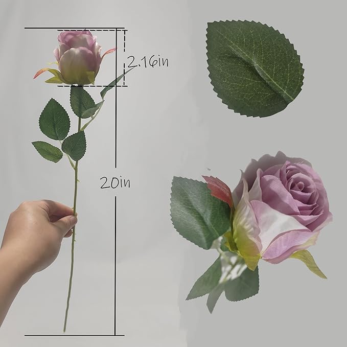 Artificial Roses 10 Pcs - Lifelike Single Stem Fake Roses with Natural Petal Texture,Fade-Resistant Silk Flowers for Wedding Decor,Home Vase Arrangements,Party Centerpieces(10, Pale Purple)
