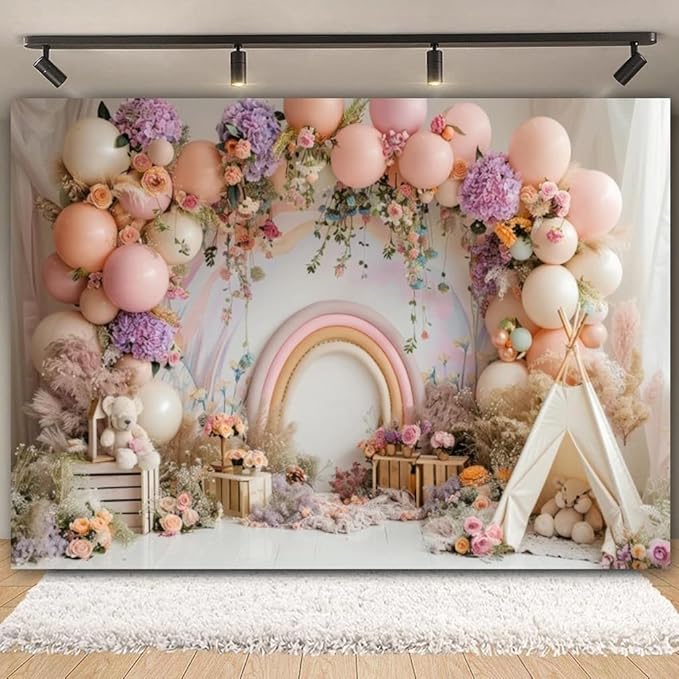 Newborn Baby 1st Birthday Photography Backdrop - Boho Balloons Tent Flower Decor Background for Kids Birthday, Baby Shower Party Portrait Cake Smash Props (7x5ft)