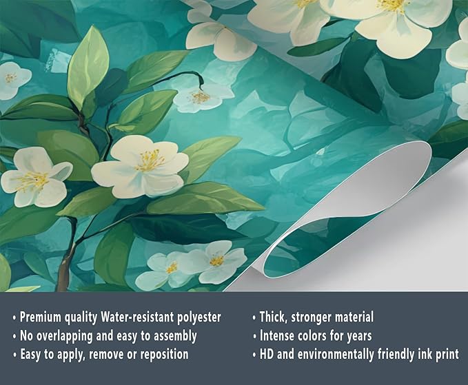 Jasmine Blossom Wall Mural, Elegant Floral Landscape 3D Wall Murals, Nature Turquoise Botanical Wallpaper Mural, for Living Room Bedroom Large Wallpaper Indoor Decor 59" W x39.4 H