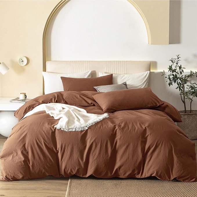 JIYUAN 100% Washed Cotton Duvet Cover Set 3 Pieces Queen, 1 Duvet Cover 90x90 Inches(Comforter Not Included) and 2 Pillowcases,Linen Feel Bedding Set Comfy and Breathable,Burnt Orange