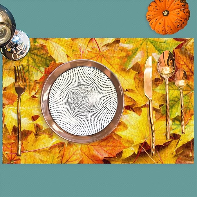 Autumn Maple Leaf Fall Placemats Set of 4 PVC Vinyl Non Slip Table Mats Heat Resistant Place Mats Washable Wipeable Dining Table Mat for Kitchen Decor Party Indoor Outdoor Decorative Gift
