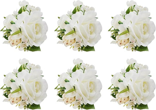 Meldel Pocket Boutonniere for Men, Set of 6, Groom Groomsman Boutonnieres for Wedding Prom Suit Accessories, Artificial White Rose Corsage for Party Ceremony Anniversary Graduation Flowers