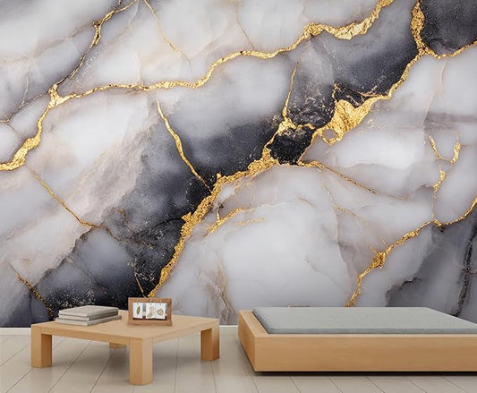 Golden Veins Marble Wall Mural, Black and White Marble 3D Wall Murals, Luxury Stone Wallpaper Mural, for Living Room Bedroom Large Wallpaper Indoor Decor 177.16" W x120 H