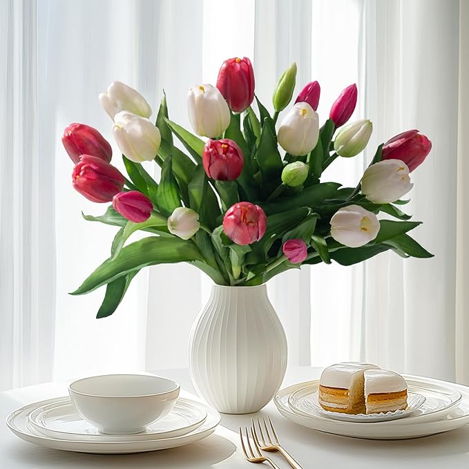 20PCS Fake Tulips Artificial Tulip Silk Flowers Fake PU Bouquet Artificial Flowers Faux Flowers with Gift Box Soft Faux Tulips Bouquets Arrangements for Party Wedding Home