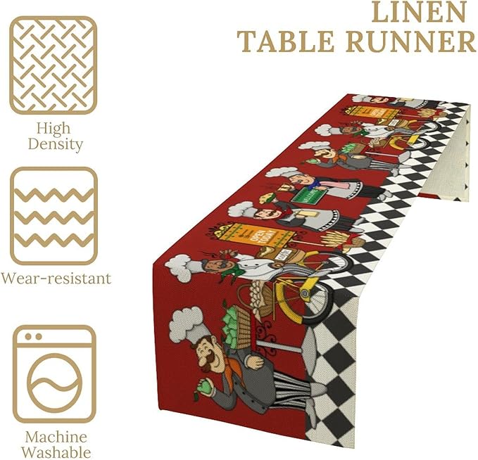 Retro Chef Table Runner,Farmhouse Burlap Table Runners for Party Wedding, Chef Decorations for The Kitchen, Chef Kitchen Decor 13x120in