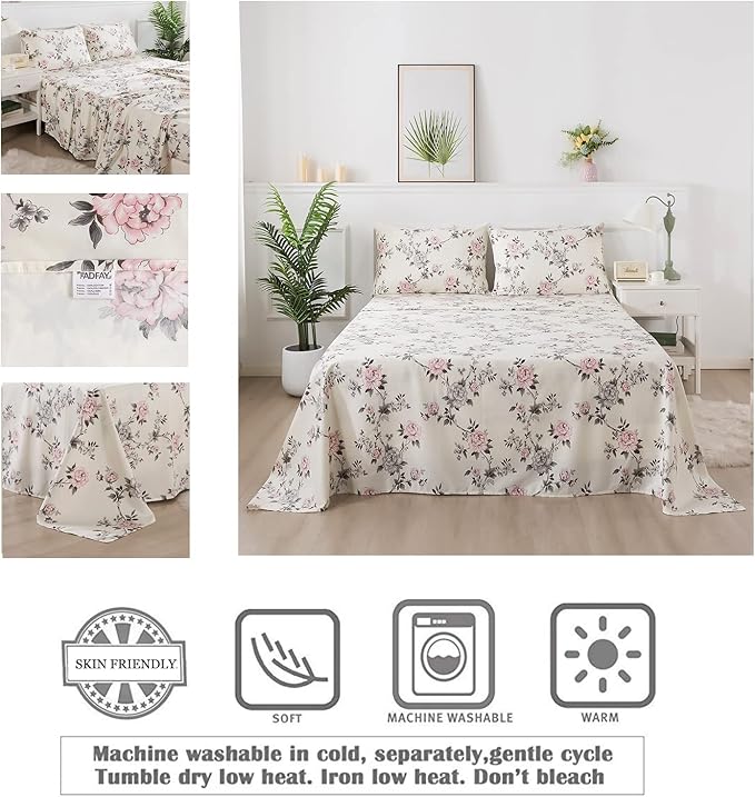 FADFAY Floral Sheets Set Cal King Vintage Rose Floral Bedding Shabby Grey and Pink Peony Printed Sheets 800 Thread Count 100% Egyptian Cotton Soft Deep Pocket Fitted Sheet 4Pcs, California King Size