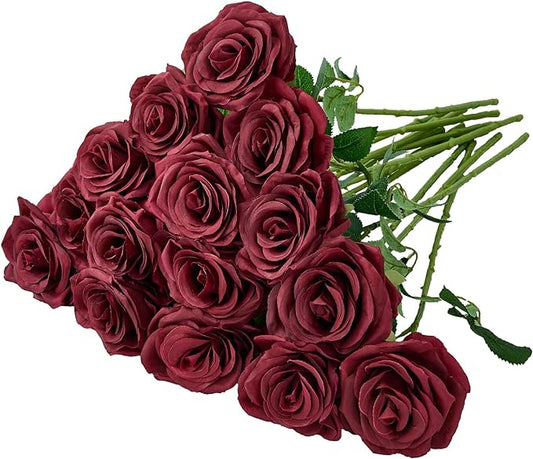15pcs Artificial Rose Flowers Long Stem Burgundy Fake Silk Roses for DIY Wedding Bouquet Table Centerpiece Home Decor (VASE is NOT Included)
