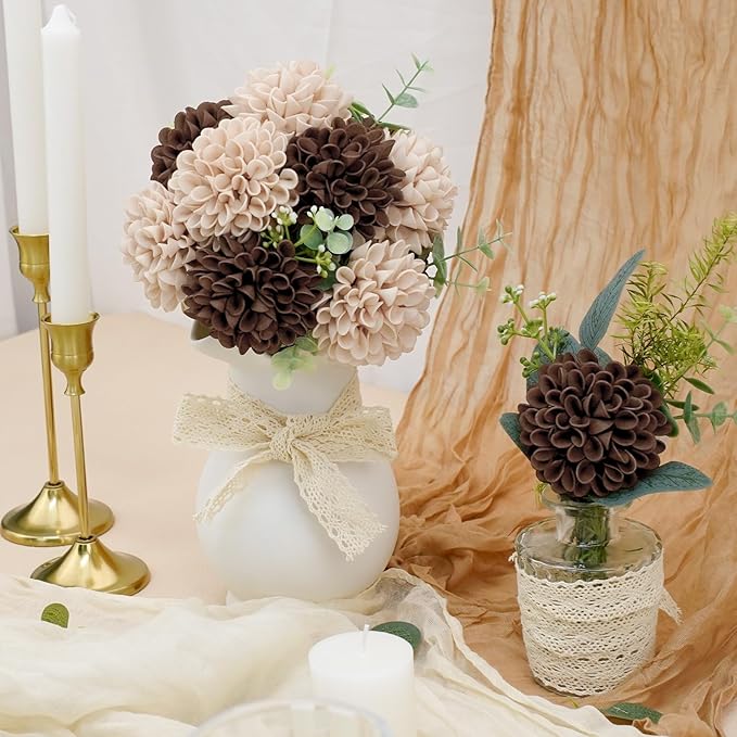 Artificial Flowers, 25pcs Artificial Rose for DIY Bouquets Arrangement, Brown and Tan Dahlia Flowers Foam Fake with Stems for Wedding Shower Party Floral Arrangements Tables Home Decorations
