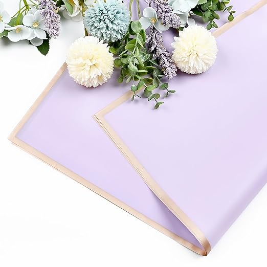 Jutieuo 20 Sheets Purple Flower Wrapping Paper, Waterproof Floral Wrap Gold Edge Bouquet Wrapping Paper Florist Supplies (22.8 x 22.8 inch)