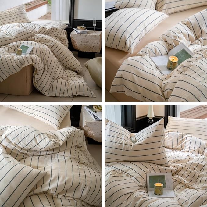 Striped Comforter Set Queen Size Grey Stripes Pattern Printed Comforter 3 Pieces Lightweight Boho Bedding Comforter Set for All Seasons Breathable Soft Fluffy Beige Comforter with 2 Pillowcases