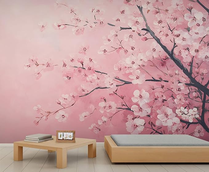 Pink Cherry Blossom Wall Mural, Romantic Cherry Blossom 3D Wall Murals, Japanese Flower Wallpaper Mural, for Living Room Bedroom Large Wallpaper Indoor Decor 59" W x39.4 H