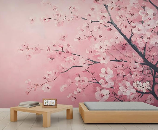Pink Cherry Blossom Wall Mural, Romantic Cherry Blossom 3D Wall Murals, Japanese Flower Wallpaper Mural, for Living Room Bedroom Large Wallpaper Indoor Decor 197" W x124.8 H