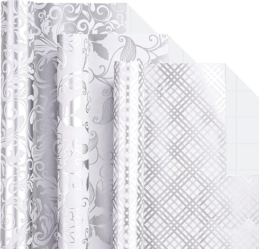 LeZakaa Silver Wrapping Paper Roll, Elegant Metallic Foil Gift Wrap with Floral and Plaid Pattern for Wedding, Anniversary, Birthday, Mothers Day, Bridal Shower, Christmas, 17 x 120 inches, Mini Roll