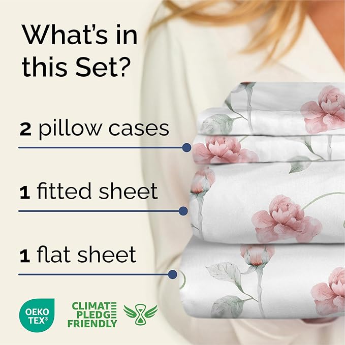 Floral Sheets - Floral Rose Bed Sheet Set - 1 Flat, 1 Fitted & 2 Pillowcases w/ Deep Pockets -Comfy, Wrinkle & Fade Free - Boho Botanical Bedding - Soft, Breathable and Cooling - Cal King Size Set