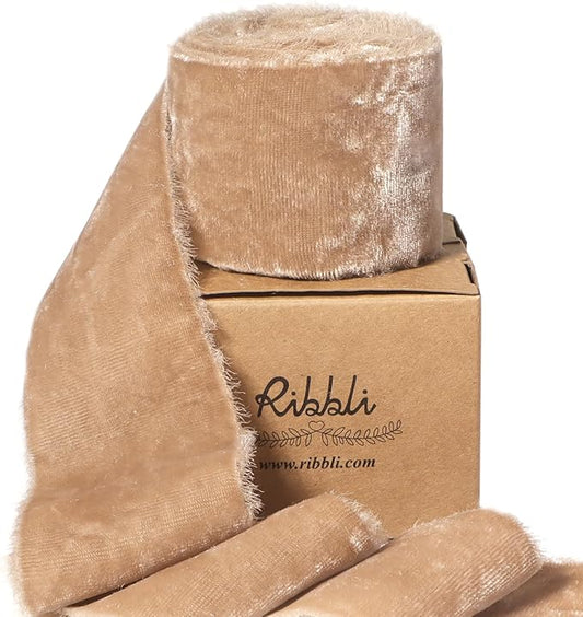 Ribbli Camel Velvet Ribbon 2 Inch Handmade Frayed Vintage Christmas Ribbon for Gift Wrapping Christmas Tree Ornament Wreath Craft Home Decor -3 Yards