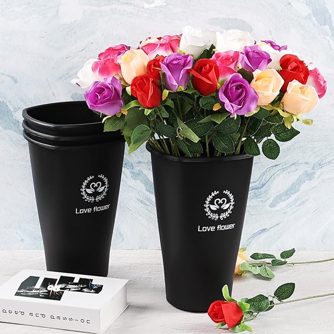Pekky Black Plastic Flower Bucket, Small Floral Buckets for Cut Flowers, 4-Pack
