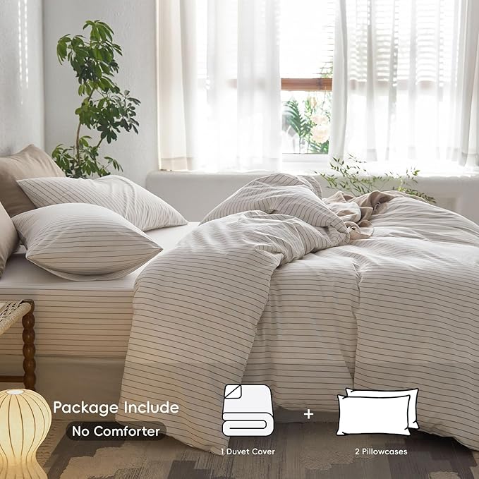 MooMee Striped Duvet Cover Set 100% Washed Cotton Linen Like Textured Breathable Durable Soft Comfy (White Tannish Linen Grey Wide Stripes, Palatial King/Oversized King 120"x98")