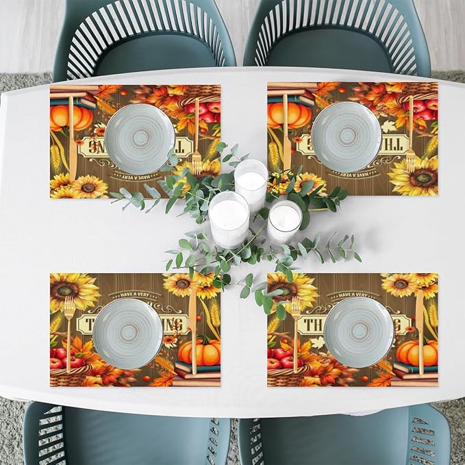 Thanksgiving Holiday Pumpkins Fall Placemats Set of 4 PVC Vinyl Non Slip Table Mats Heat Resistant Place Mats Washable Wipeable Dining Table Mat for Kitchen Decor Party Indoor Outdoor Decorative Gift