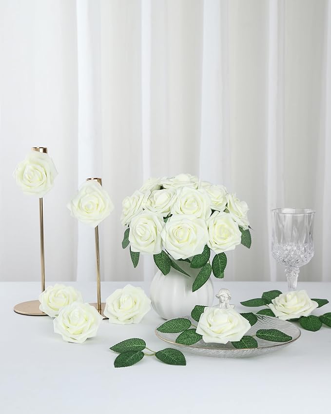 DuHouse 50Pcs Artificial Roses Flowers Fake Roses with Stems Real Touch Foam Flowers for DIY Wedding Bouquet Baby Shower Centerpiece Floral Arrangement Party Home Decor(Cream)
