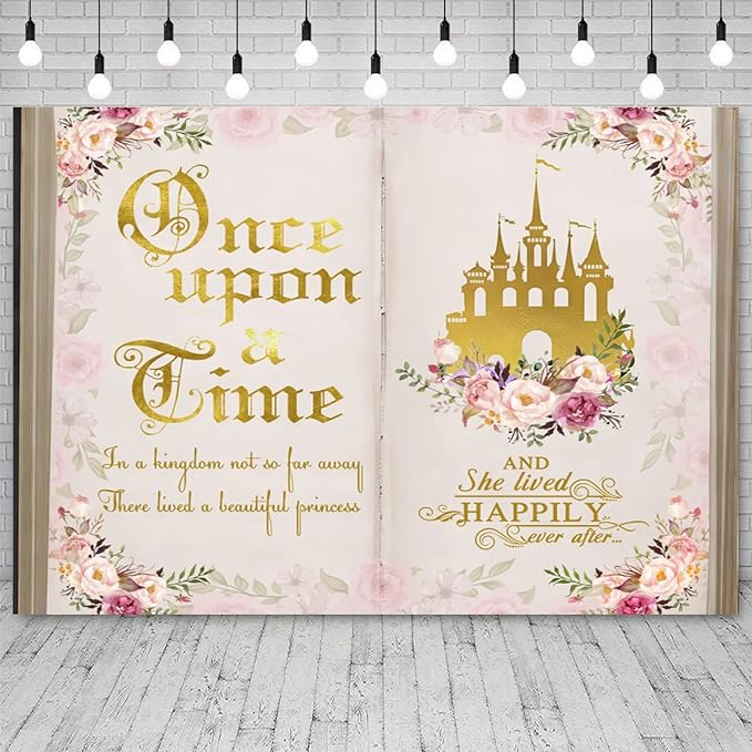 8x6ft Once Upon a Time Backdrop Pink Flower Gold Castle Photography Background Fairy Tale Books Floral Princess Girls Birthday Banner Decorations Fairytale Wedding Portrait Photo Booth Prop