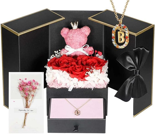 Cute Preserved Real Roses Bear Gift Box for Girlfriend with Initial Necklace B, Unique Birthday Gift for Mom, Her, Grandma, Anniversary Presents for Wife Women