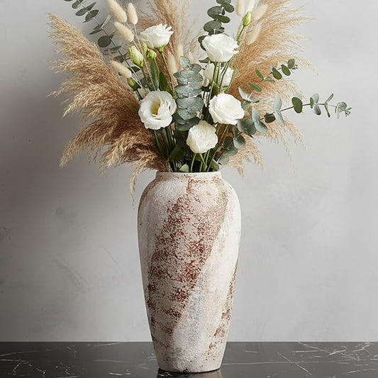 Vintage Ceramic Vase, Minimalist Texture Stone Patterned White Flower Vase, Decorative Vase for Living Room Shelf Farmhouse Dining Table Centerpiece Decor (Rustic 13.7'')