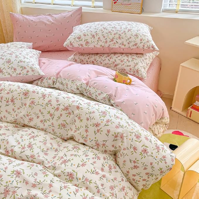 Pink Floral Duvet Cover Full Size 100% Cotton Chic Flower Botanical Duvet Cover Garden Style Girls Floral Comforter Cover with Zipper Closure Vintage Floral Cottagecore Bedding Set with 2 Pillowcases