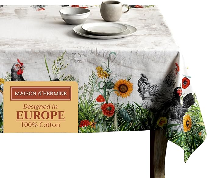 Maison d' Hermine Table Cloth Rectangle Table 100% Cotton 60 x 108 Inches Tablecloth Reusable Decorative for Dining Room, Farmhouse, Home, Party, Festive & Wedding Spring Summer - Basse Cour