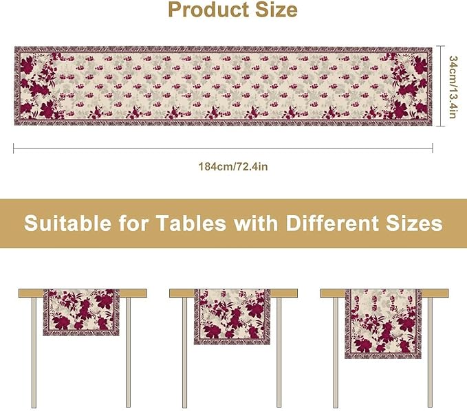 Elegant Floral Table Runner, Vintage Burgundy Maroon Flowers Classic Art Table Decoration Runner for Kitchen Dining Holiday Party Wedding Home Decor, 13x120 Inch