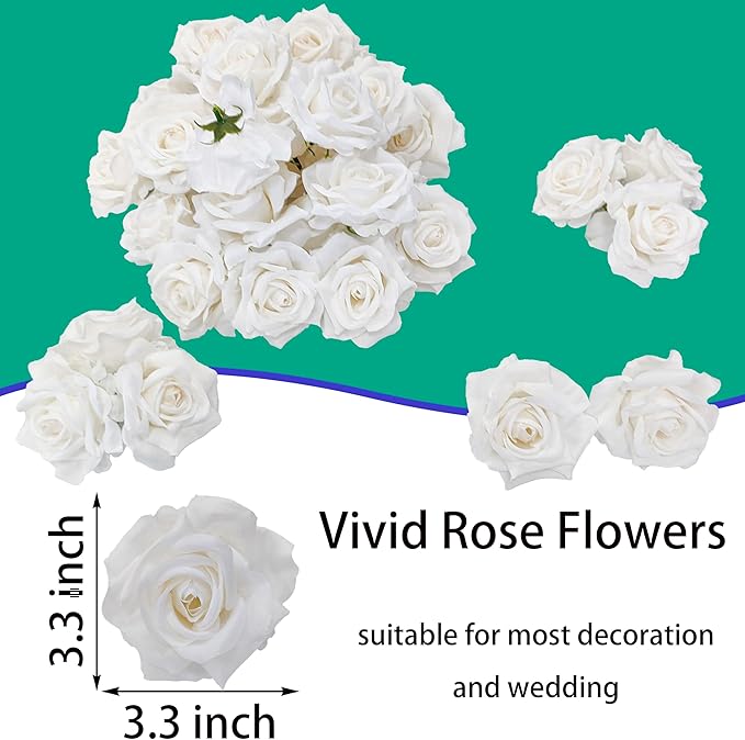 Artificial Satin Rose Flower Heads,48 Pcs Silk Rose Heads with Stems,3.3'' Rose Artificial Flowers Bulk,Artificial Rose Flower Heads for DIY Crafts Bouquet (48, White)