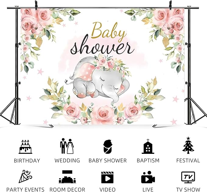 10x6.5ft Elephant Baby Shower Backdrop for Girl Pink Flowers Photography Background Newborn Girls Birthday Banner Decorations Sweet Princess Baby Party Portrait Photo Booth Prop