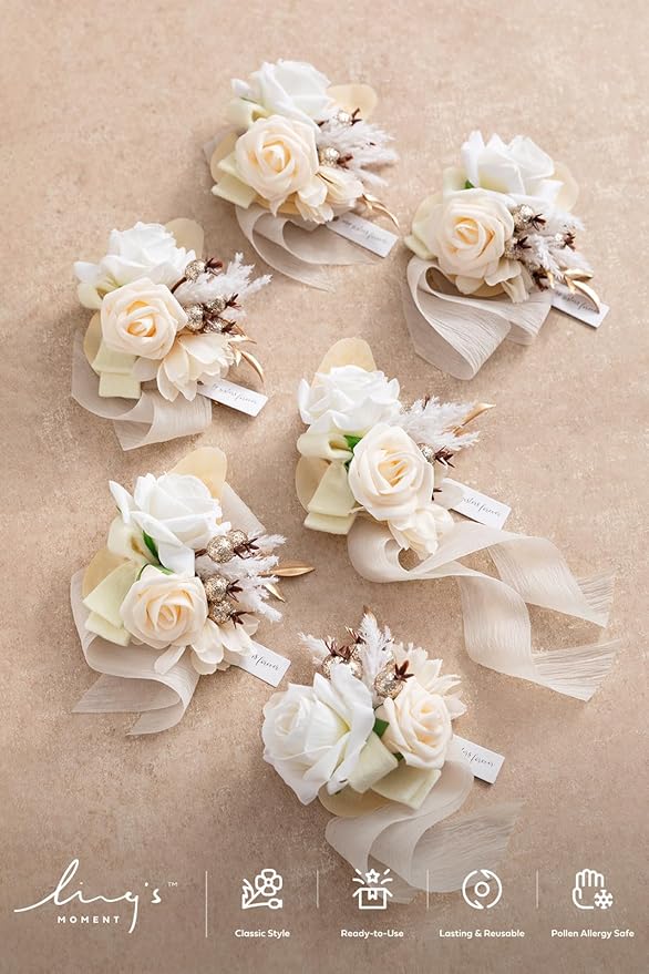 Ling's moment 6pcs Wedding Wrist Corsage Artificial Flowers, Girl/Mother Homecoming Prom Corsages Wristlet Décor, etc. Boho White Nude