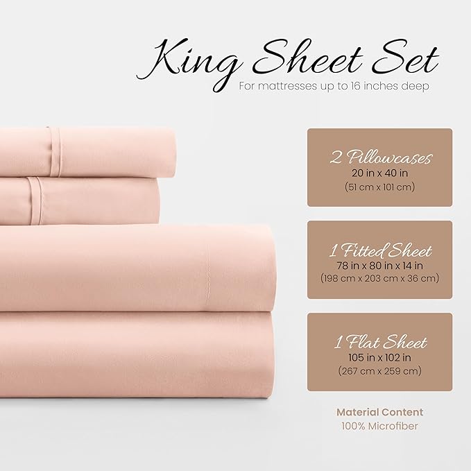 Linen Market Brushed Microfiber King Sheet Set 4 Piece – Oeko-TEX Certified Ultra Soft & Wrinkle-Free - 16" Deep Pocket Sheets - Easy Care King Size - Blush