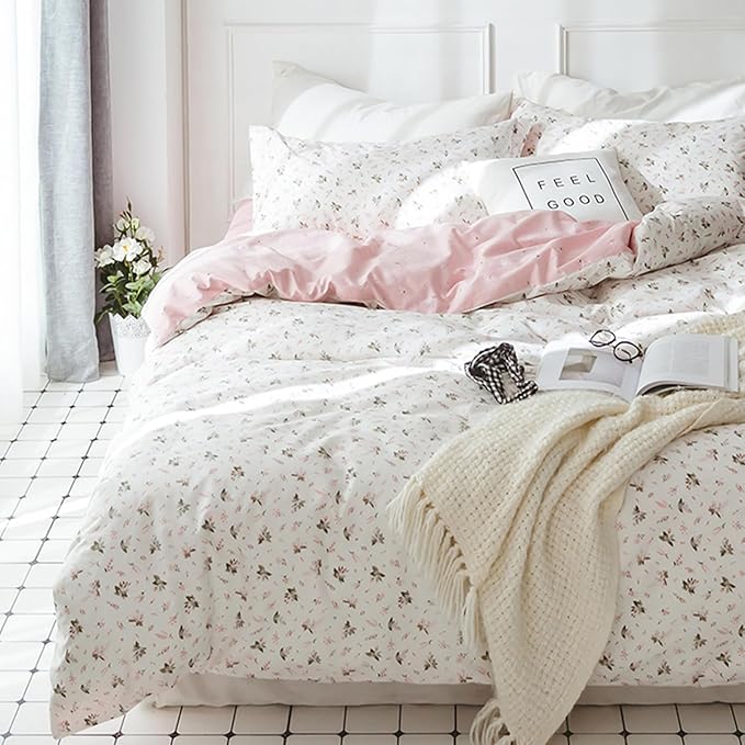 HighBuy Boho Floral Duvet Cover King Pink White Floral Cotton Coquette Bedding Comforter Covers King Lightweight Soft for Girl Garden Style Aesthetic Bedding Set with Zipper Closure