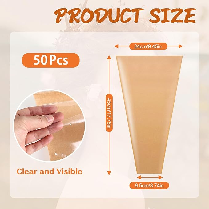 50Pcs Flower Bouquet Wrapping Paper Bags - Kraft Paper & Clear Sleeves for Bouquets, Flower Bar Supplies, Wedding, Mother’s Day, Graduation Gift, 9.45x3.74x17.75 Inch