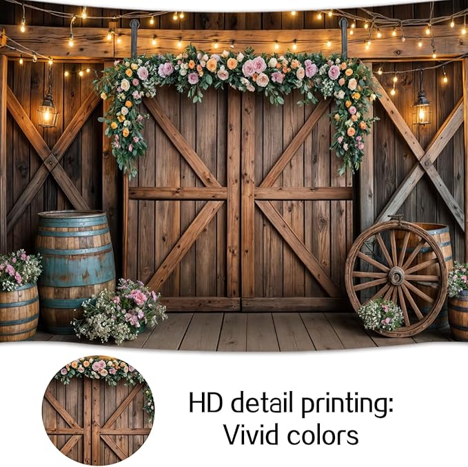 10x10ft Country Wedding Photography Backdrop Rustic Barn Door Photography Backdrop Farmhouse Pink Flower Cabin Wooden Birthday Baby Shower Wedding Bridal Party Banner Photo Booth Props Background