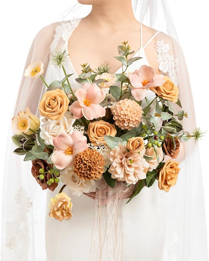 Ling's moment Peach Wedding Bouquets for Bride, Apricot Bridal Bouquets for Bride,15 Inch Free Form Artificial Wedding Flower Bouquet